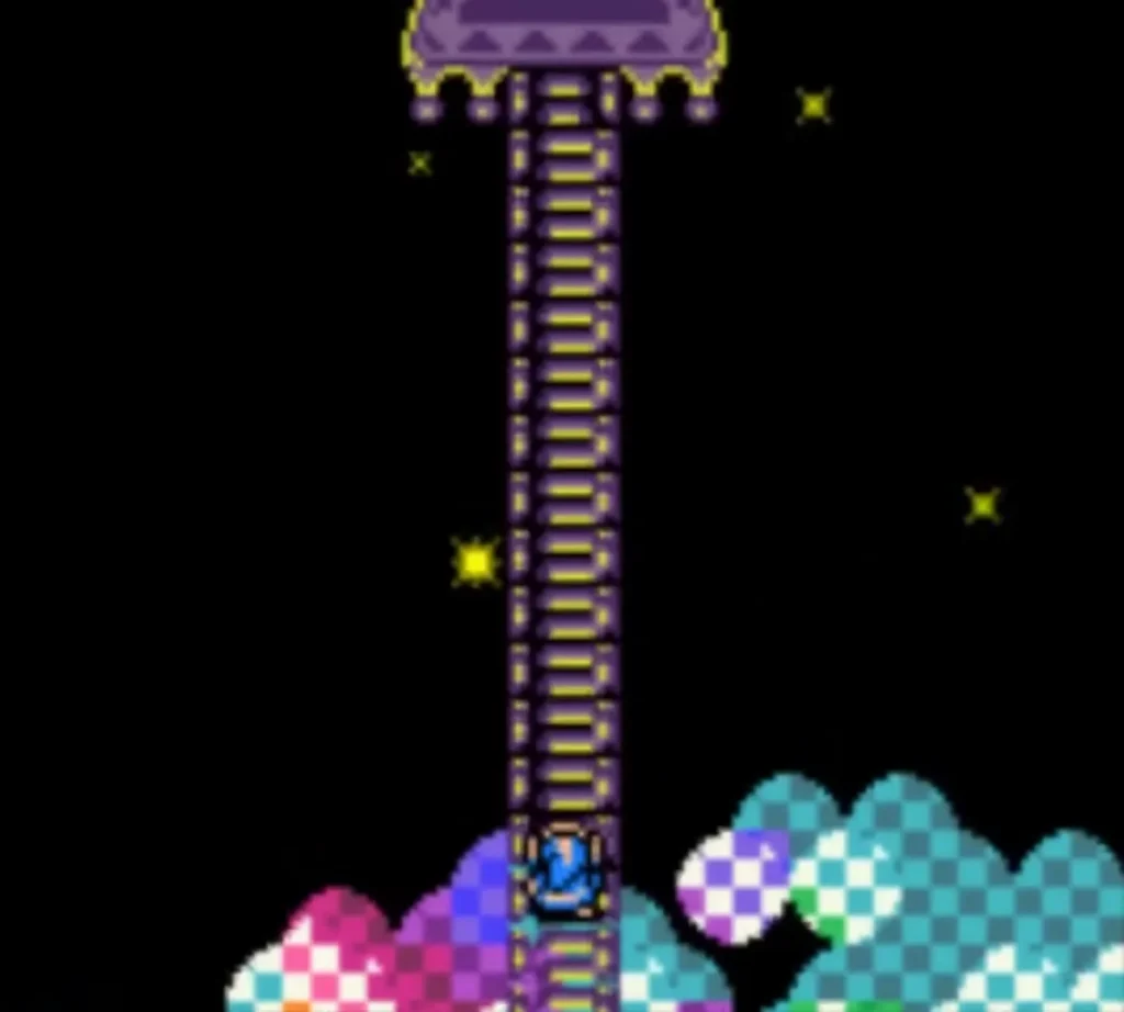 Link climbs a long ladder up through colorful clouds toward the peak of the Egg Link climbs a long ladder up through colorful clouds toward the peak of the Egg