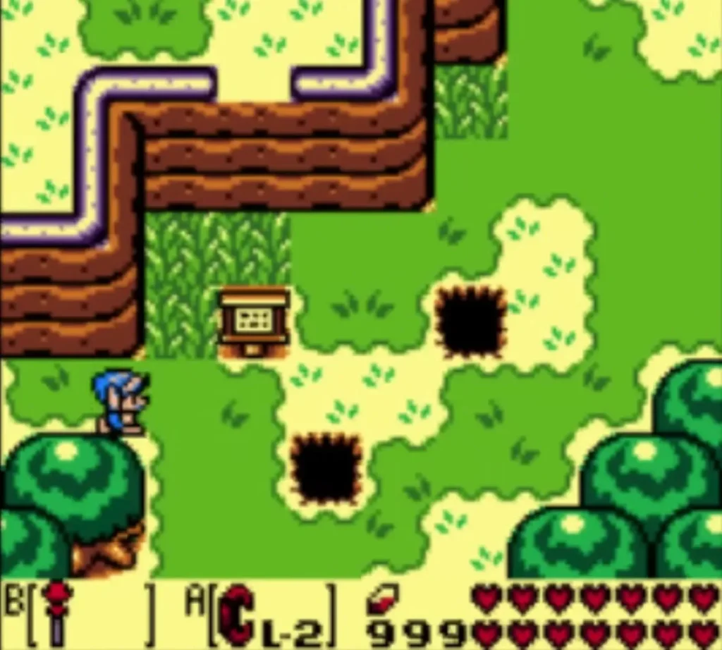 Link on the overworld grass beside a wooden signboard and two dark holes Link on the overworld grass beside a wooden signboard and two dark holes