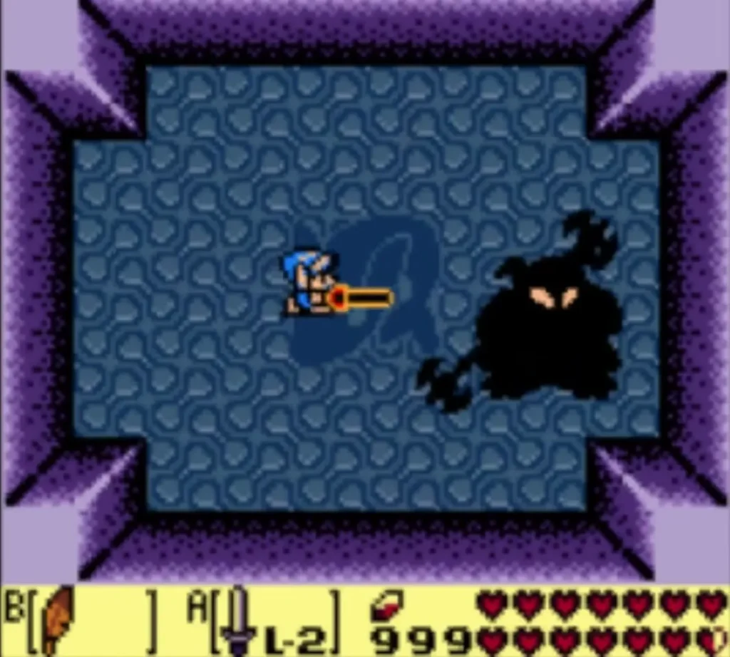 Link in the arena striking the black Ganon shadow with his sword Link in the arena striking the black Ganon shadow with his sword
