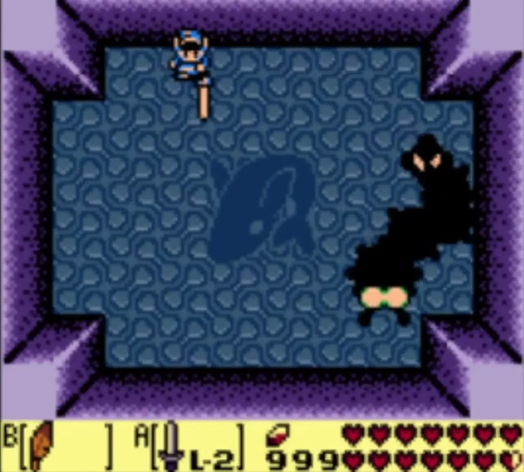The dark Moldorm worm body curling across the arena as Link stands clear The dark Moldorm worm body curling across the arena as Link stands clear