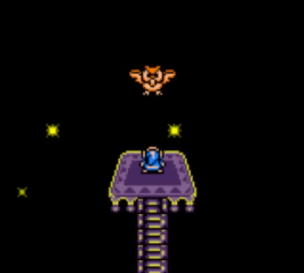 The owl hovering above Link standing on the platform at the top of the Egg stairs The owl hovering above Link standing on the platform at the top of the Egg stairs