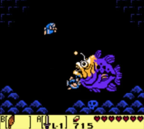 Link facing the purple Angler Fish in the dark underwater room Link facing the purple Angler Fish in the dark underwater room