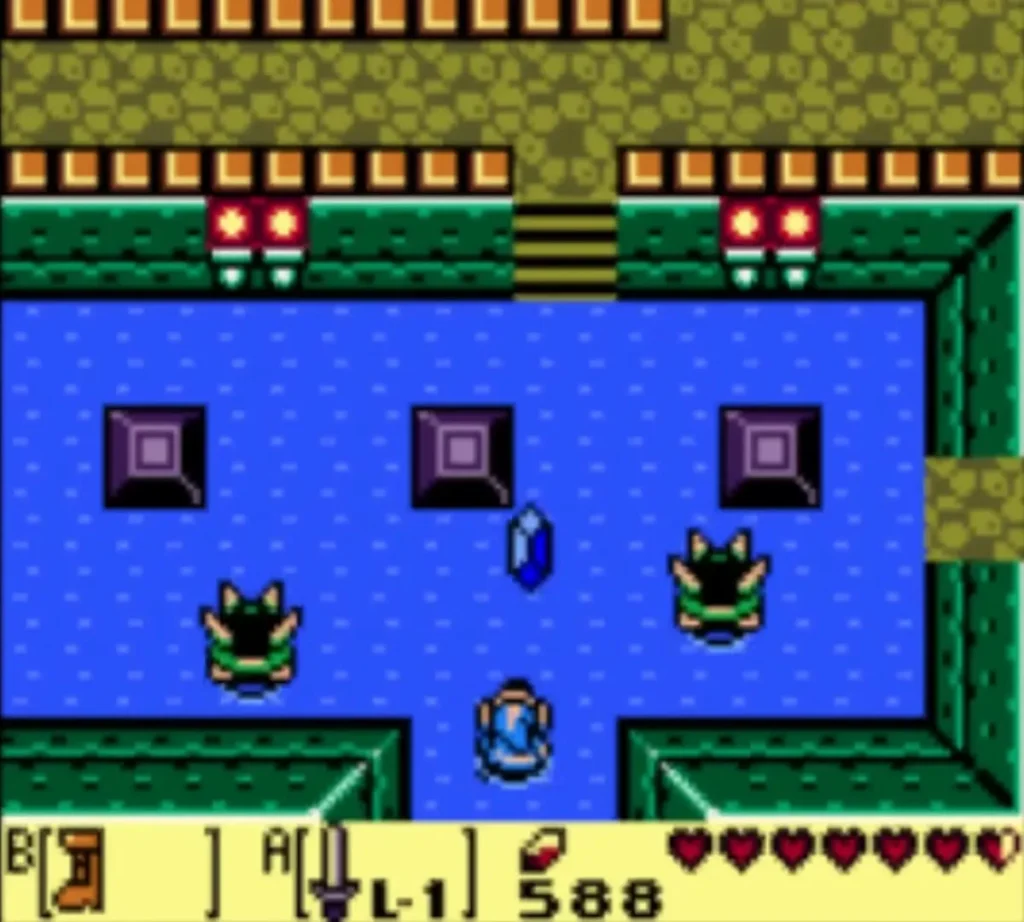 Link in a water-filled Angler Tunnel room with a blue crystal and tektites Link in a water-filled Angler Tunnel room with a blue crystal and tektites
