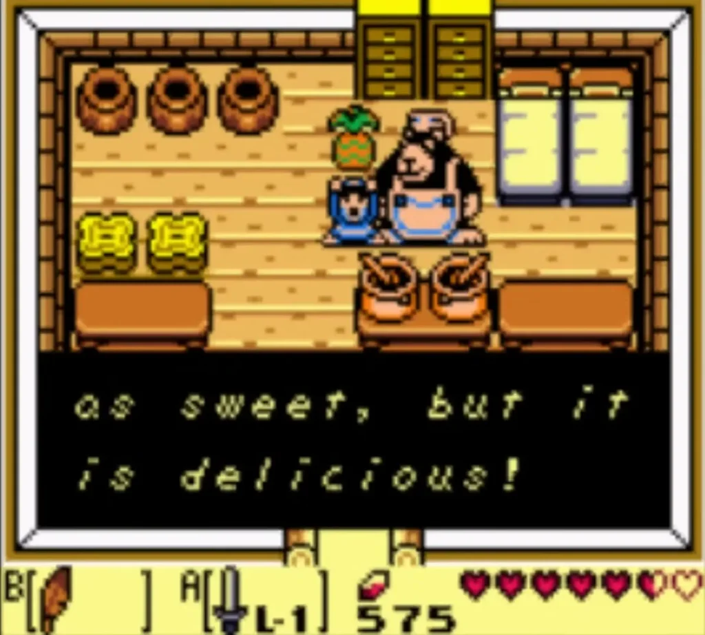 Link in the honey shop with the bear and the Pineapple message box on screen. Link in the honey shop with the bear and the Pineapple message box on screen.