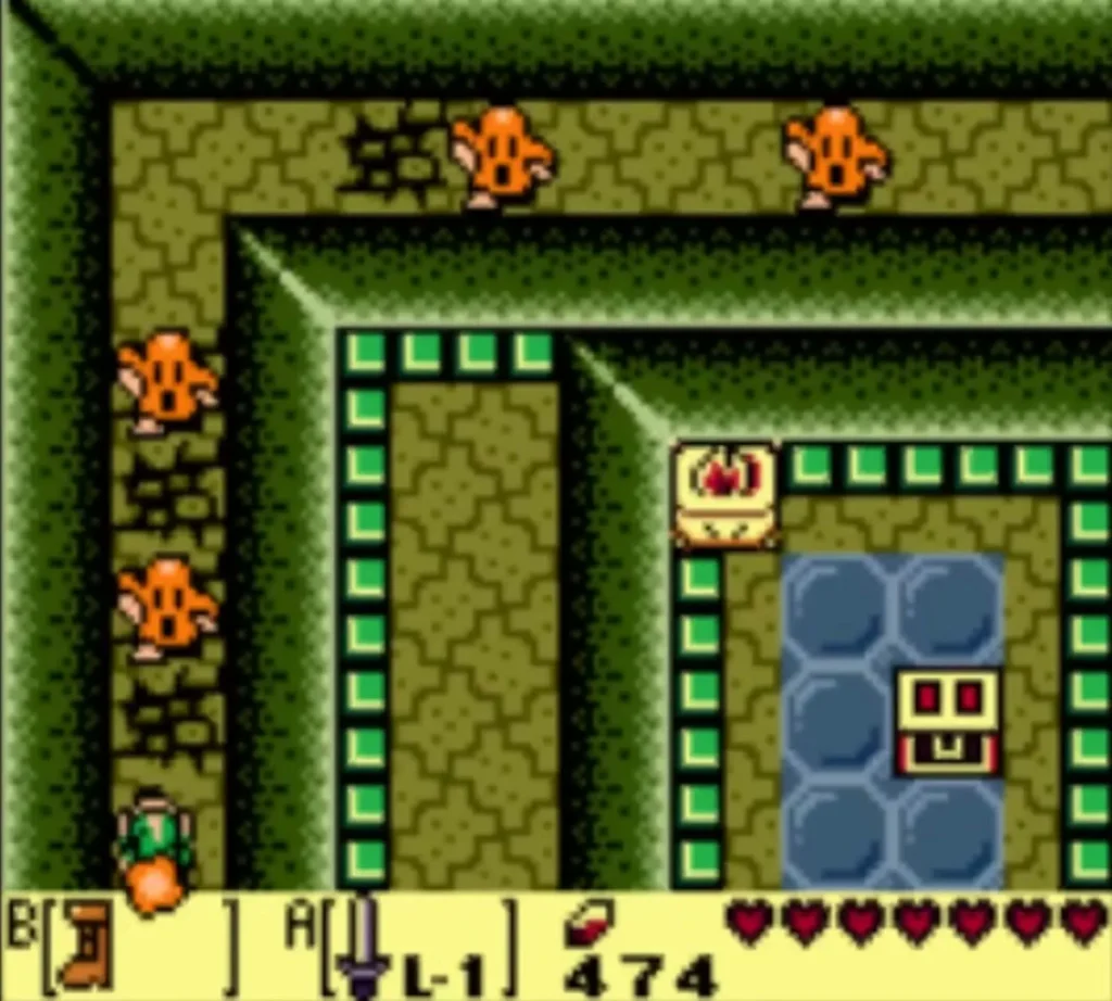 Link in a shrine room with orange enemies along the left wall and blue crystal blocks. Link in a shrine room with orange enemies along the left wall and blue crystal blocks.