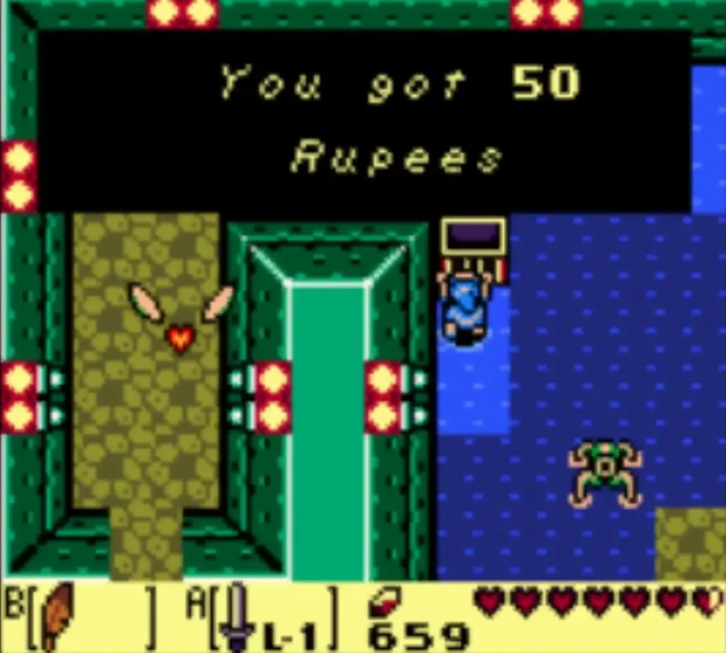 Link in a blue water room beside a chest with the You got 50 Rupees message on screen. Link in a blue water room beside a chest with the You got 50 Rupees message on screen.