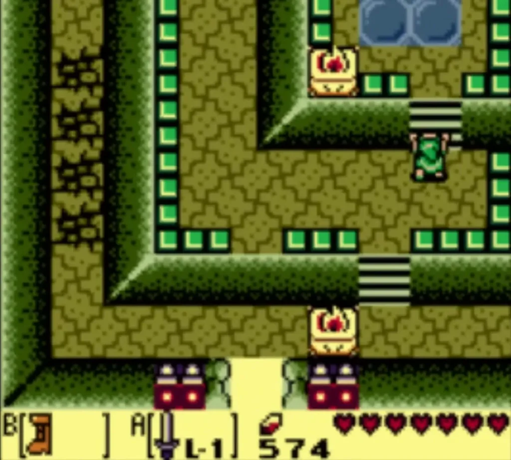 Link on the stairs at the edge of a green-tiled shrine room. Link on the stairs at the edge of a green-tiled shrine room.
