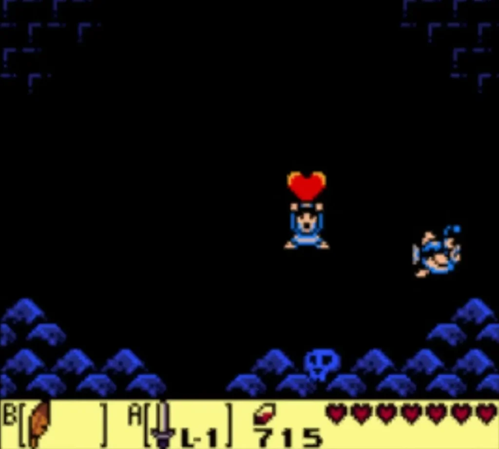 Link holding a Heart Container up over his head after the Angler Fish falls Link holding a Heart Container up over his head after the Angler Fish falls