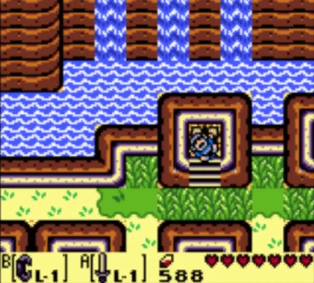 Link standing in the keyhole doorway of the cliff, surrounded by water Link standing in the keyhole doorway of the cliff, surrounded by water