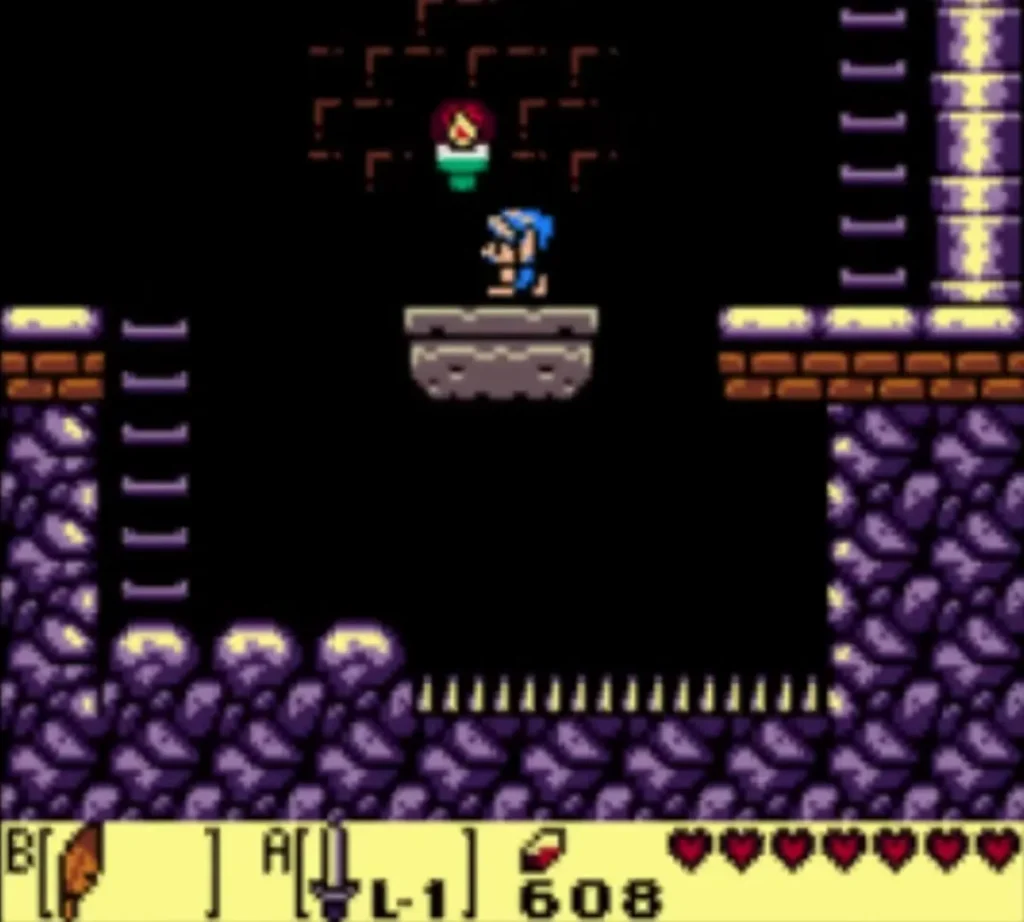 Link standing on a grey moving platform in a dark stone room Link standing on a grey moving platform in a dark stone room
