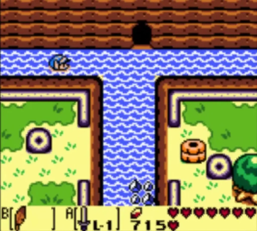 Link swimming in the river toward the cave entrance on the cliff Link swimming in the river toward the cave entrance on the cliff
