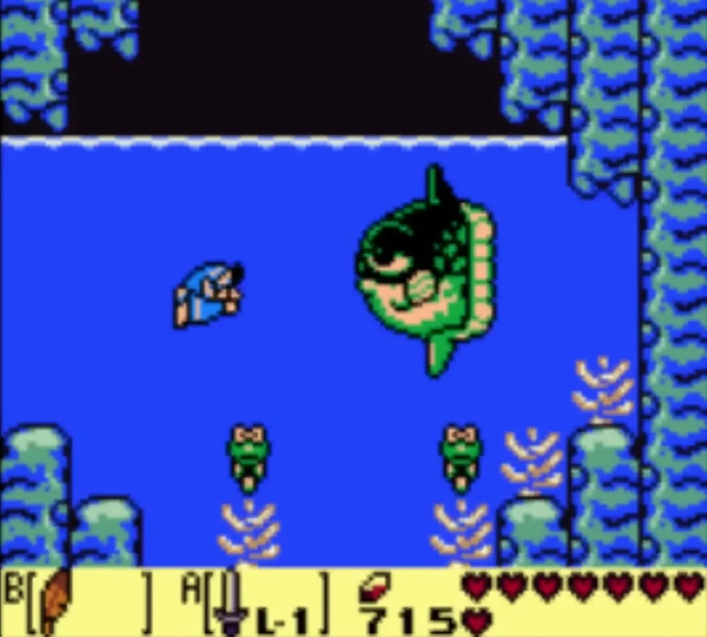 Link swimming beside Manbo, the large green fish, in the water outside the dungeon Link swimming beside Manbo, the large green fish, in the water outside the dungeon