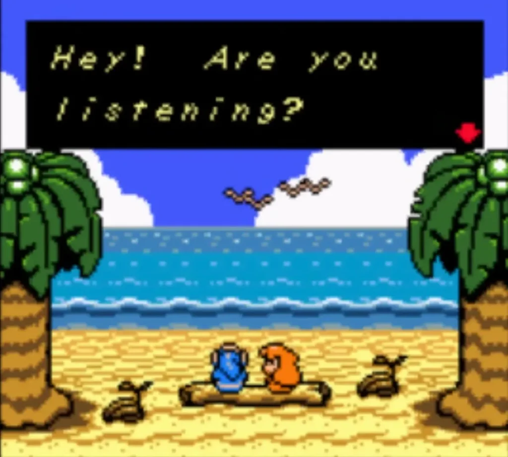 Marin on the beach log with the Are you listening box on screen Marin on the beach log with the Are you listening box on screen