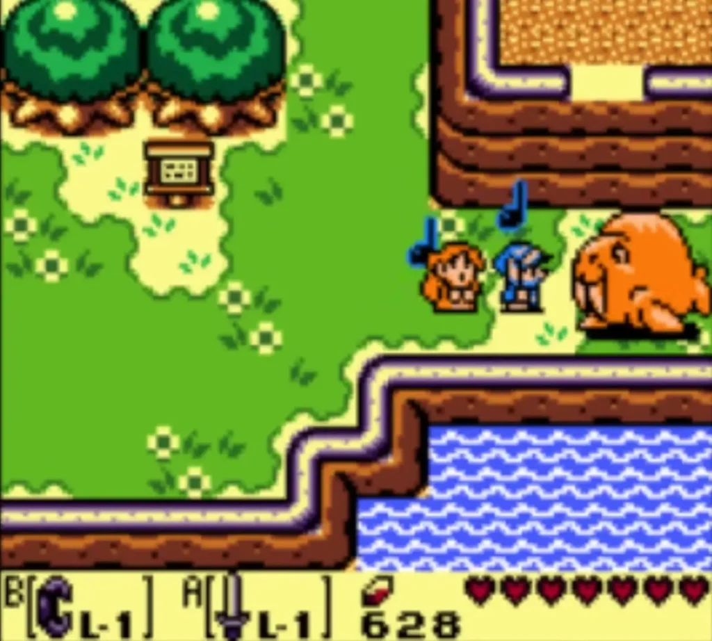 Marin and Link beside the sleeping walrus with musical notes rising above them Marin and Link beside the sleeping walrus with musical notes rising above them