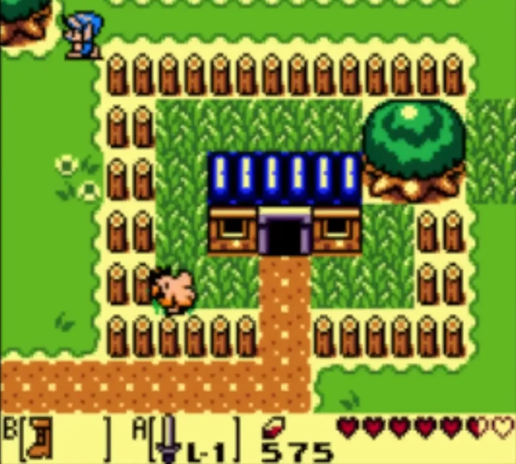 The blue-roofed house of Marin and Tarin inside its fenced yard, with Link at the top left The blue-roofed house of Marin and Tarin inside its fenced yard, with Link at the top left