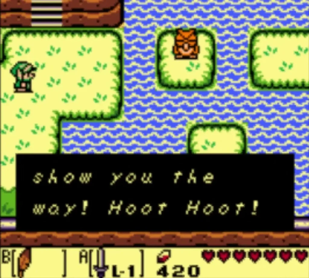 Owl statue on the islet with a message box saying it will show the way. Owl statue on the islet with a message box saying it will show the way.