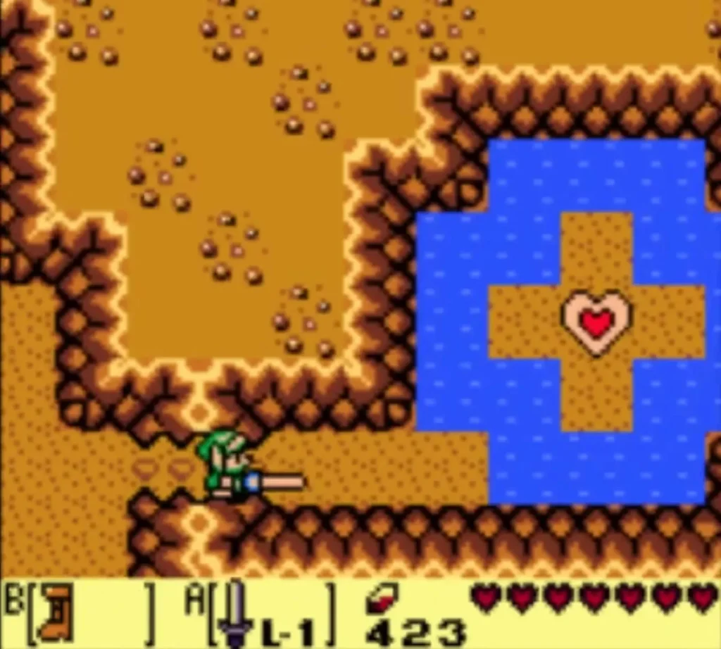 Link at the edge of a blue pool holding a Piece of Heart on its island Link at the edge of a blue pool holding a Piece of Heart on its island