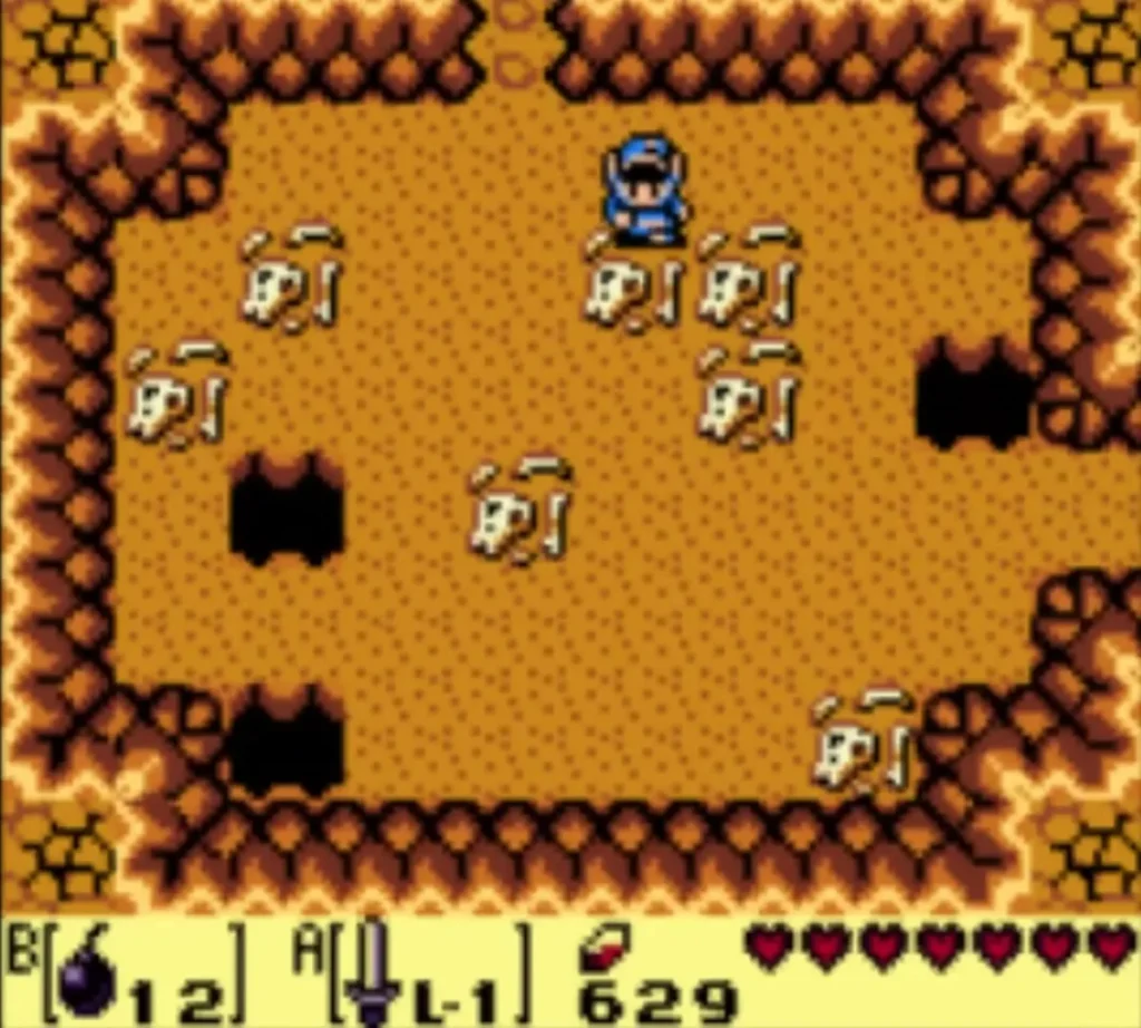 Link standing among skulls in the cave under the quicksand Link standing among skulls in the cave under the quicksand