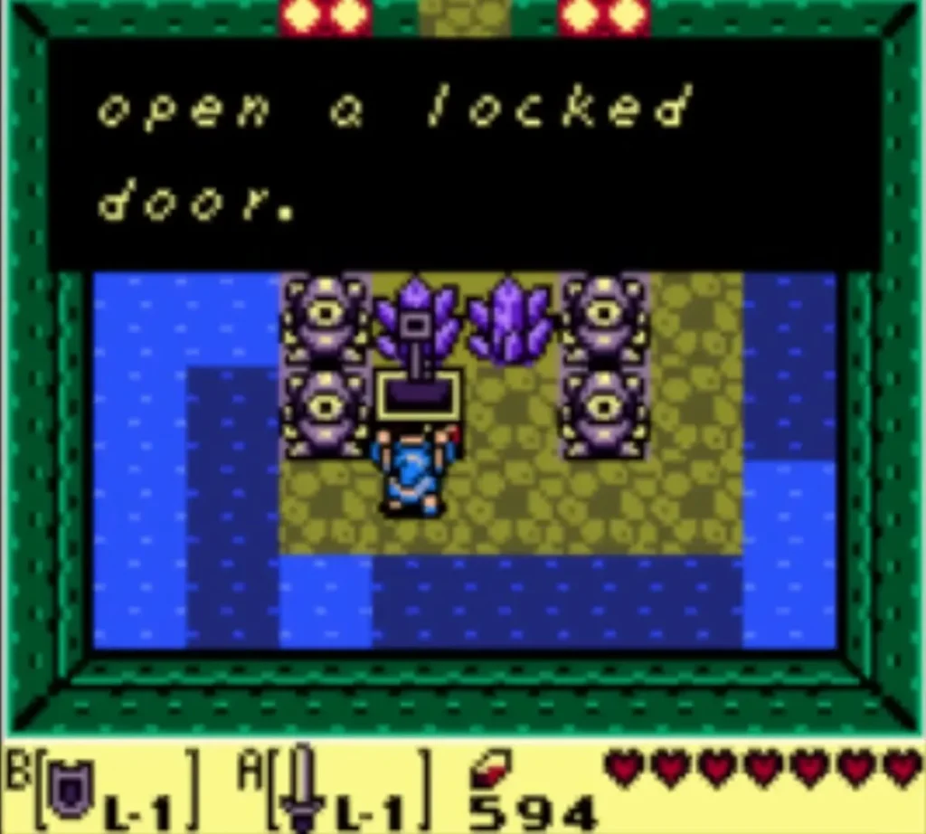 Link at the crystal-ringed chest with the open a locked door message on screen Link at the crystal-ringed chest with the open a locked door message on screen