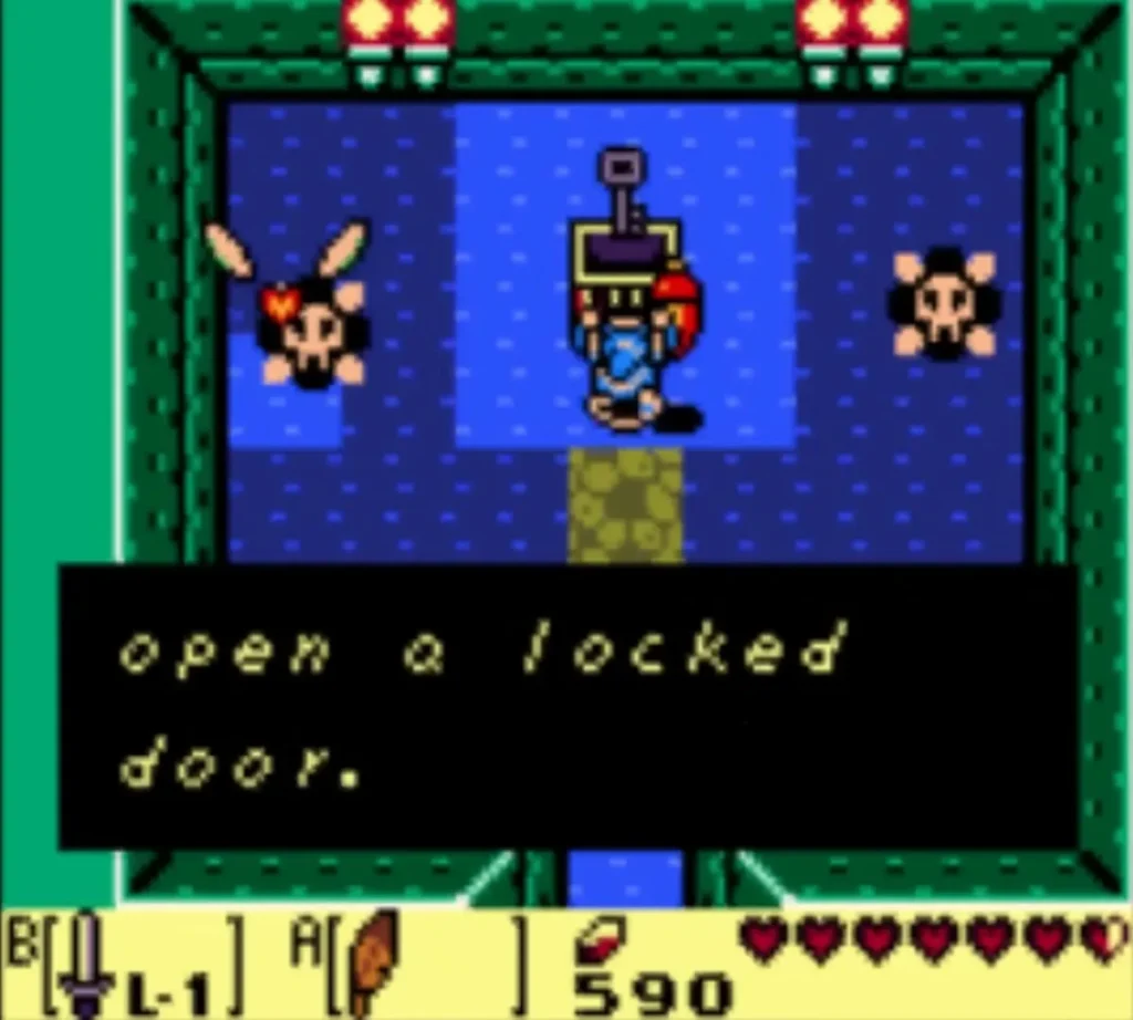 Link in the flooded room holding a chest above his head, with the open a locked door message on screen. Link in the flooded room holding a chest above his head, with the open a locked door message on screen.