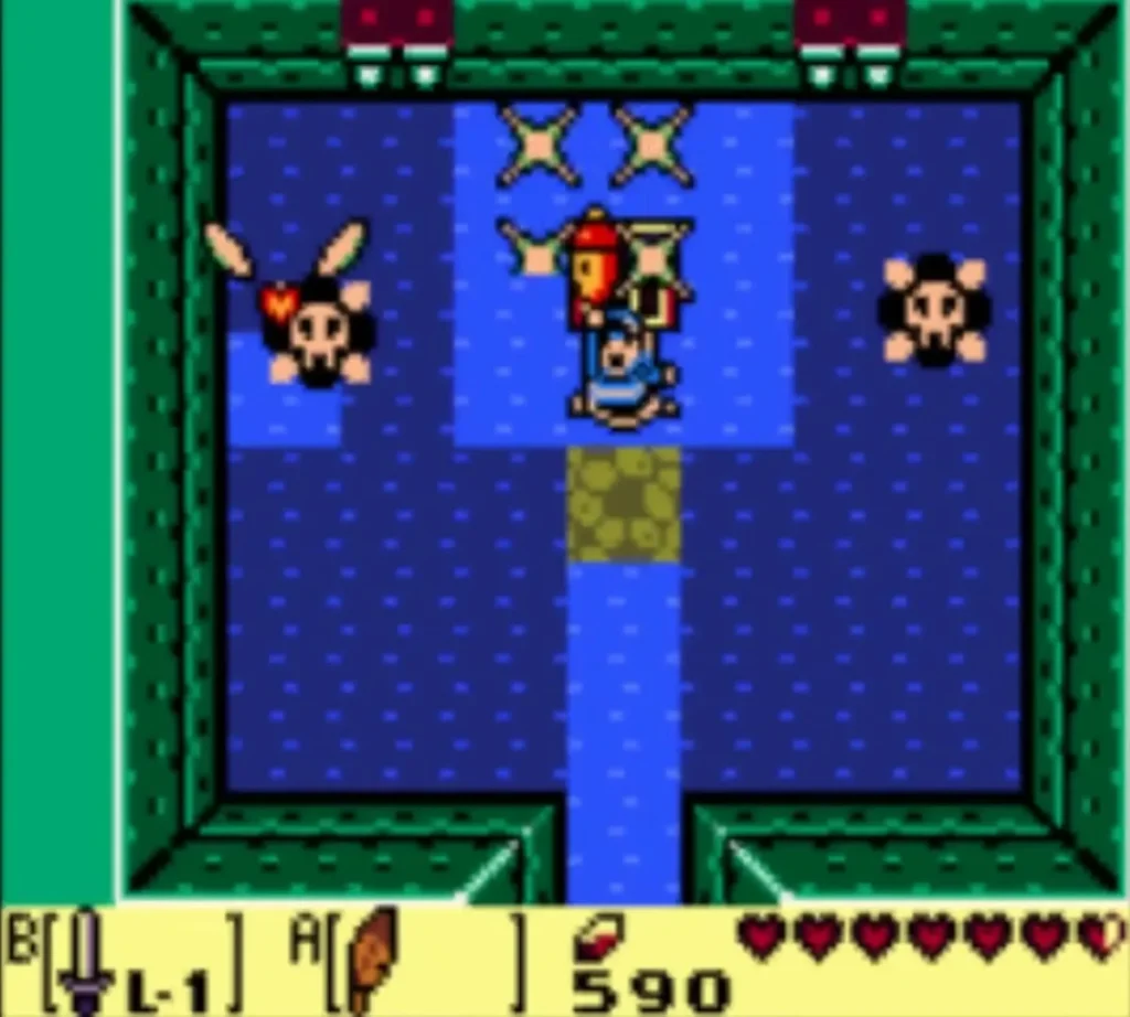 Link in the flooded room with sparkles around the chest he has just opened. Link in the flooded room with sparkles around the chest he has just opened.