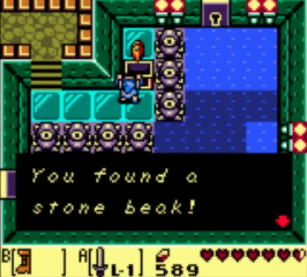 Link by the chest in the crystal room with the You found a stone beak message box Link by the chest in the crystal room with the You found a stone beak message box