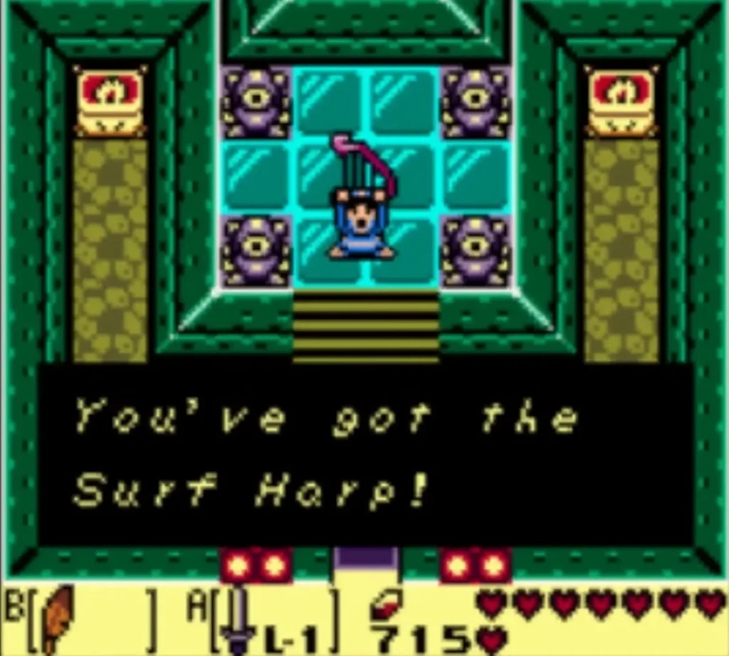 Link holding the Surf Harp overhead in a tiled chamber with its name box on screen Link holding the Surf Harp overhead in a tiled chamber with its name box on screen