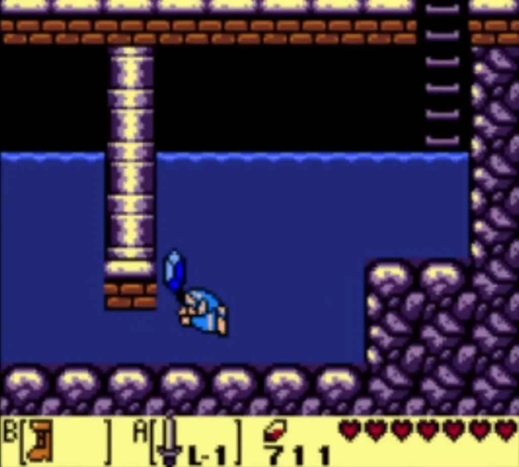 Link swimming in a dark water channel beside a stone pillar and a blue rupee Link swimming in a dark water channel beside a stone pillar and a blue rupee