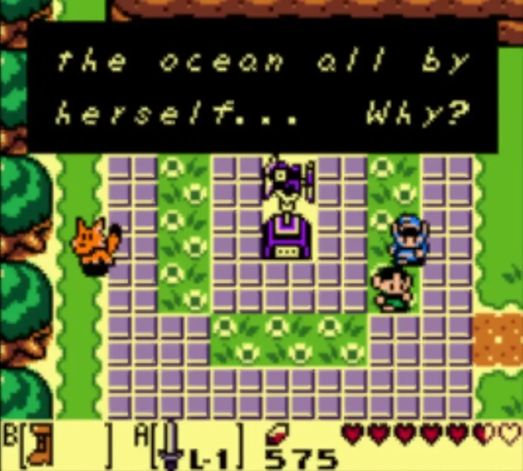 A villager in the Mabe Village plaza speaks in a message box about someone alone by the ocean A villager in the Mabe Village plaza speaks in a message box about someone alone by the ocean