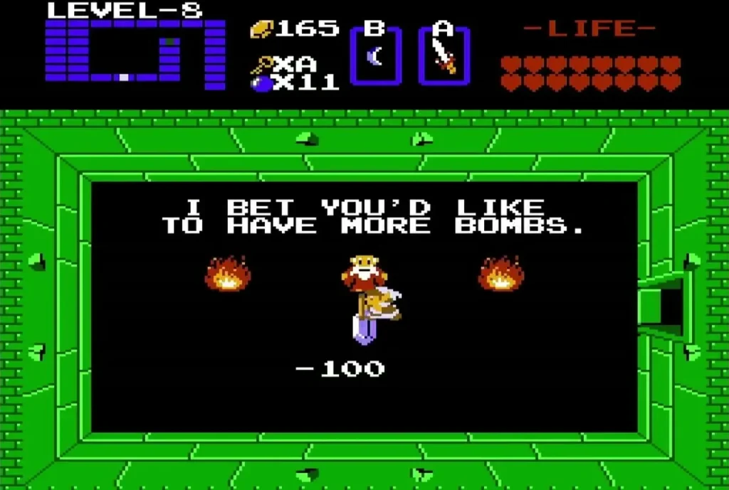 Old man offering a bomb upgrade for 100 rupees in Level 8