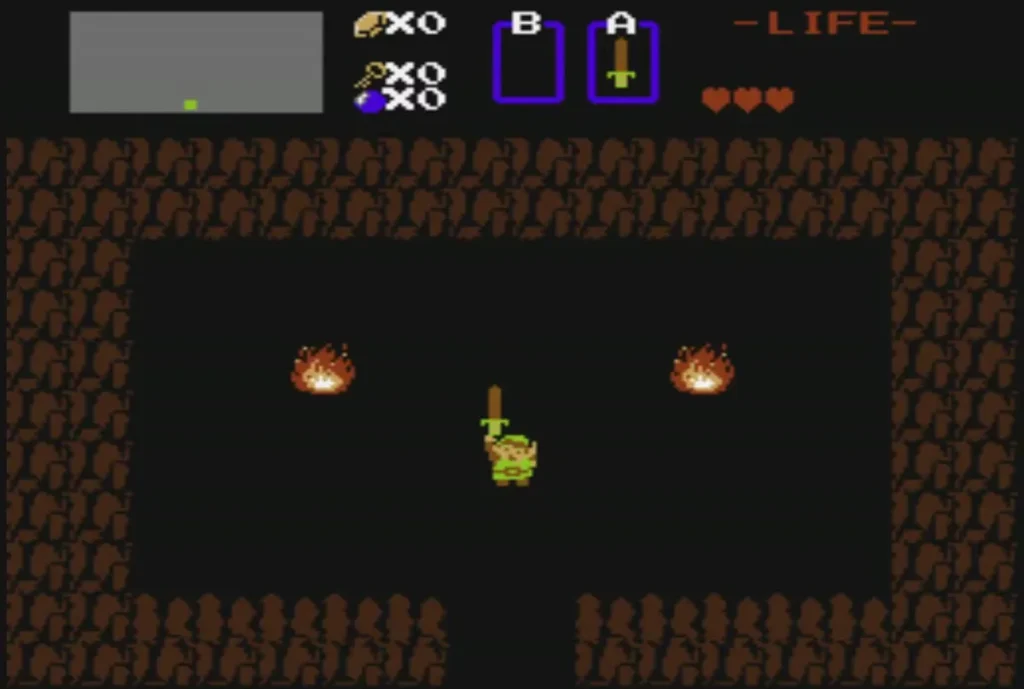 Link holding the Wooden Sword up in the first cave Link holding the Wooden Sword up in the first cave