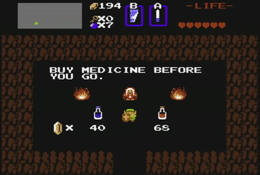 Medicine cave with the Old Woman's Blue Potion at 40 rupees and Red Potion at 68 Medicine cave with the Old Woman's Blue Potion at 40 rupees and Red Potion at 68