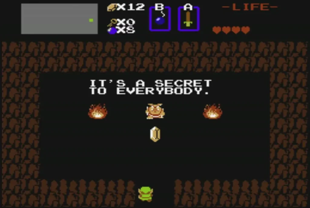 A Moblin in a secret cave with a rupee on the floor, the cave calling itself a secret A Moblin in a secret cave with a rupee on the floor, the cave calling itself a secret
