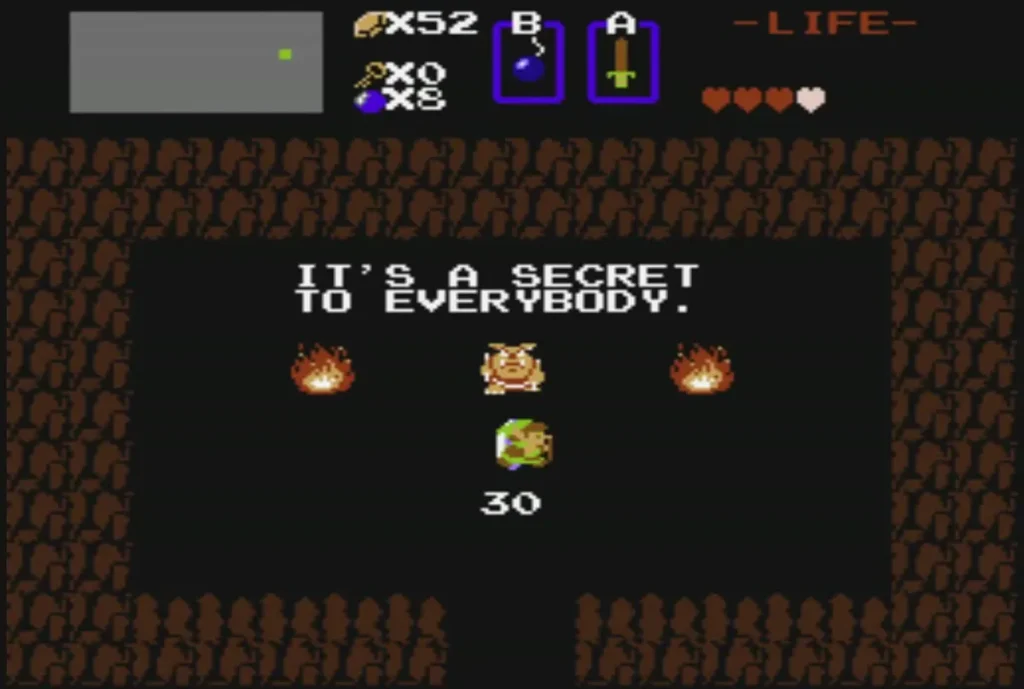 A Moblin in a secret cave beside a 30 rupee price, repeating the secret line A Moblin in a secret cave beside a 30 rupee price, repeating the secret line