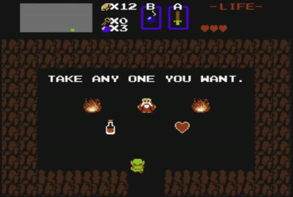 Old Man cave with a potion and a heart on the floor, saying Take Any One You Want Old Man cave with a potion and a heart on the floor, saying Take Any One You Want