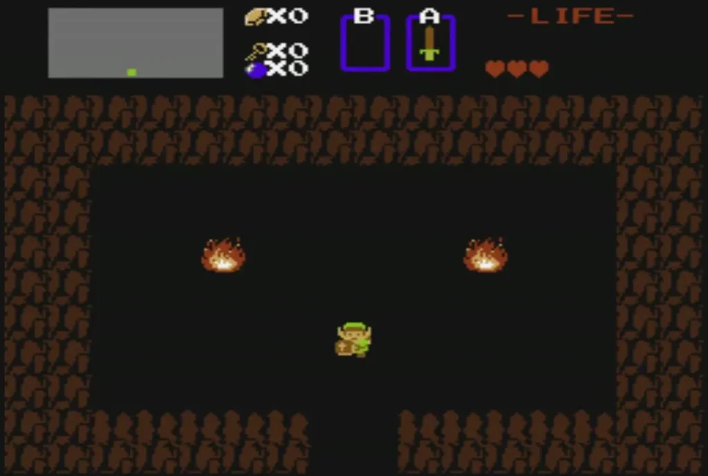 Link in the first cave with the Wooden Sword in the A slot Link in the first cave with the Wooden Sword in the A slot