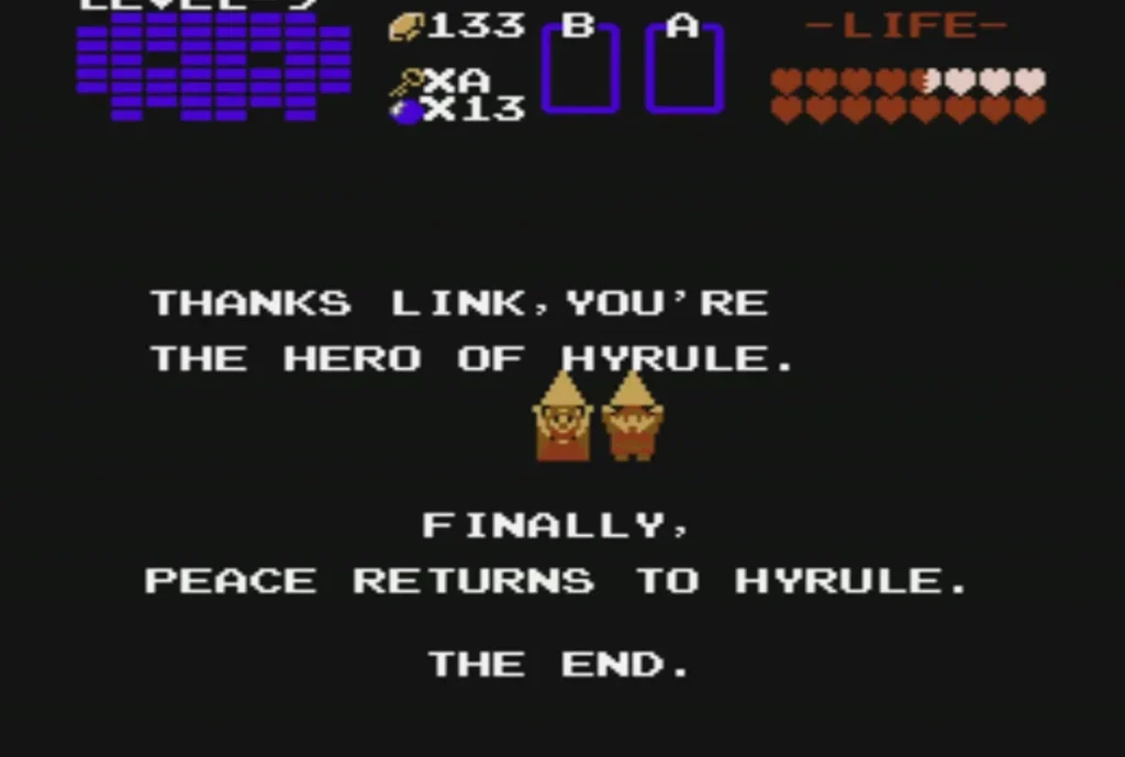Link and Zelda together on the ending screen above the words The End Link and Zelda together on the ending screen above the words The End