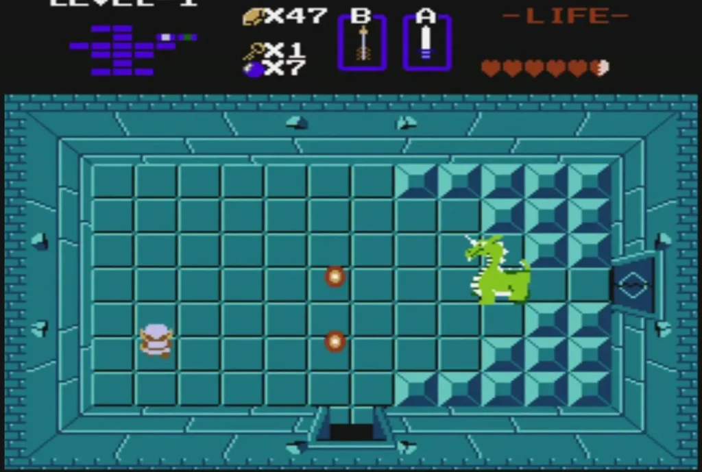 Link fighting the green dragon Aquamentus in the Level 1 boss room Link fighting the green dragon Aquamentus in the Level 1 boss room