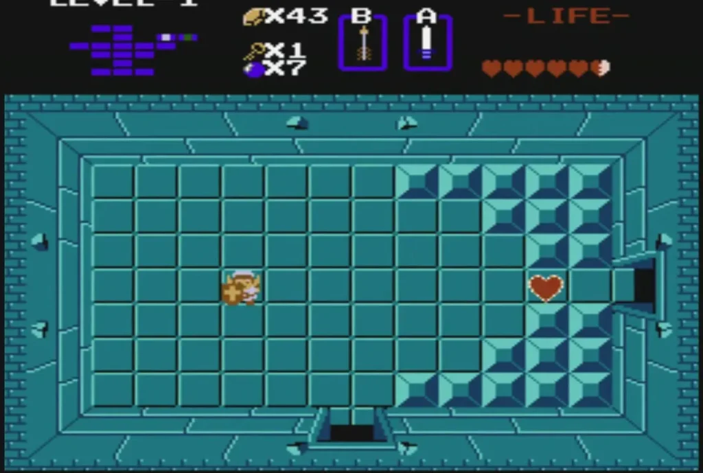 Link in the Level 1 boss room with a heart dropped after Aquamentus falls Link in the Level 1 boss room with a heart dropped after Aquamentus falls