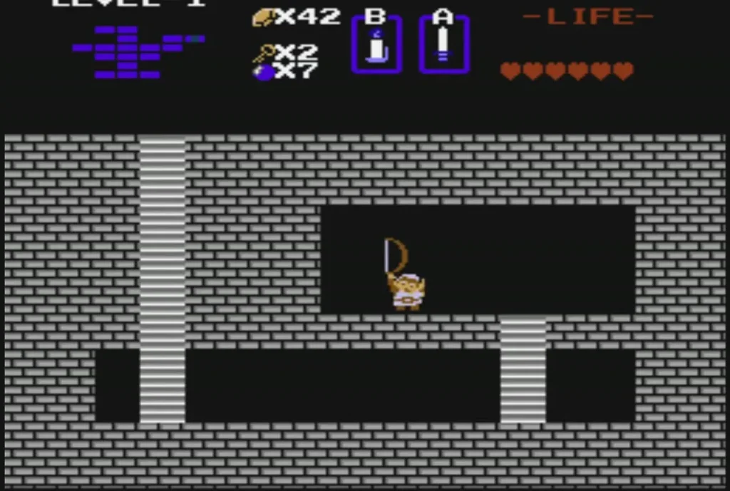 Link holding the Bow up in a grey brick room of Level 1 Link holding the Bow up in a grey brick room of Level 1