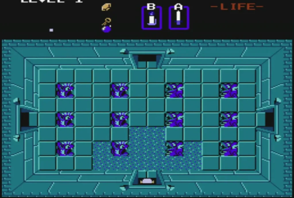 Empty Level 1 room with a dark doorway at the bottom as Link enters Empty Level 1 room with a dark doorway at the bottom as Link enters