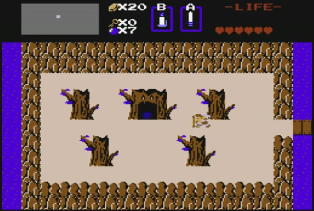 Overworld cave ringed by four dead trees, the entrance to Level 1 Overworld cave ringed by four dead trees, the entrance to Level 1
