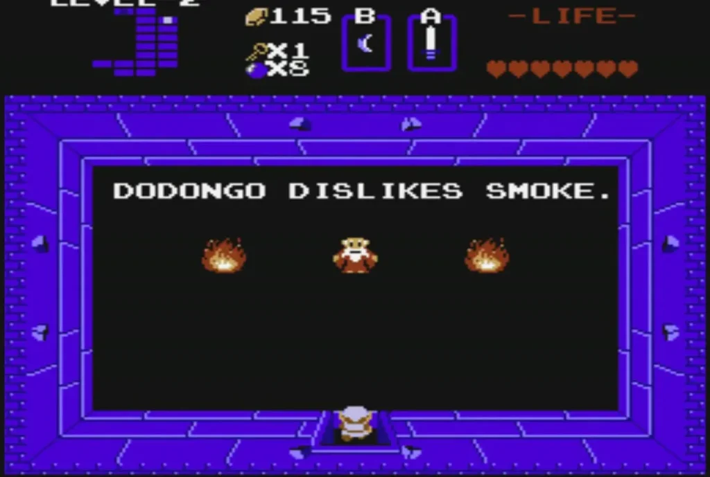 Old man with three fires giving the DODONGO DISLIKES SMOKE hint in Level 2 Old man with three fires giving the DODONGO DISLIKES SMOKE hint in Level 2