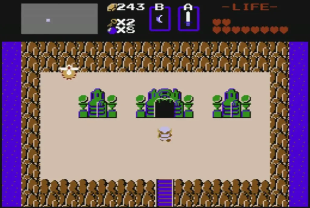 Three green stone statues around the Level 4 entrance cave on the overworld Three green stone statues around the Level 4 entrance cave on the overworld