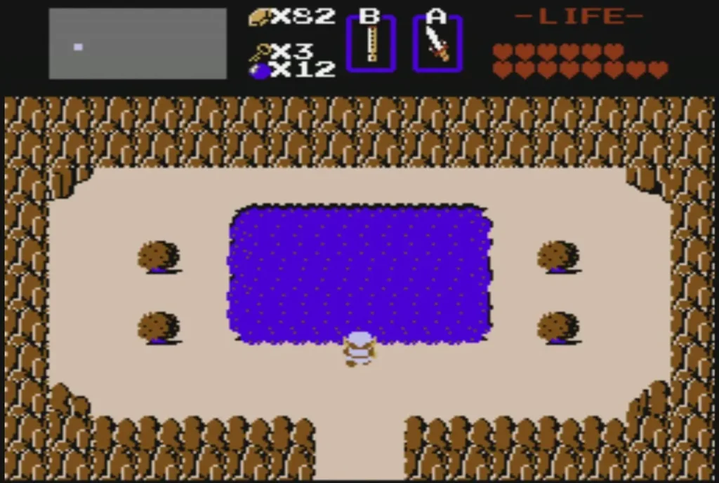 Purple fountain pool in the overworld with Link standing below it Purple fountain pool in the overworld with Link standing below it