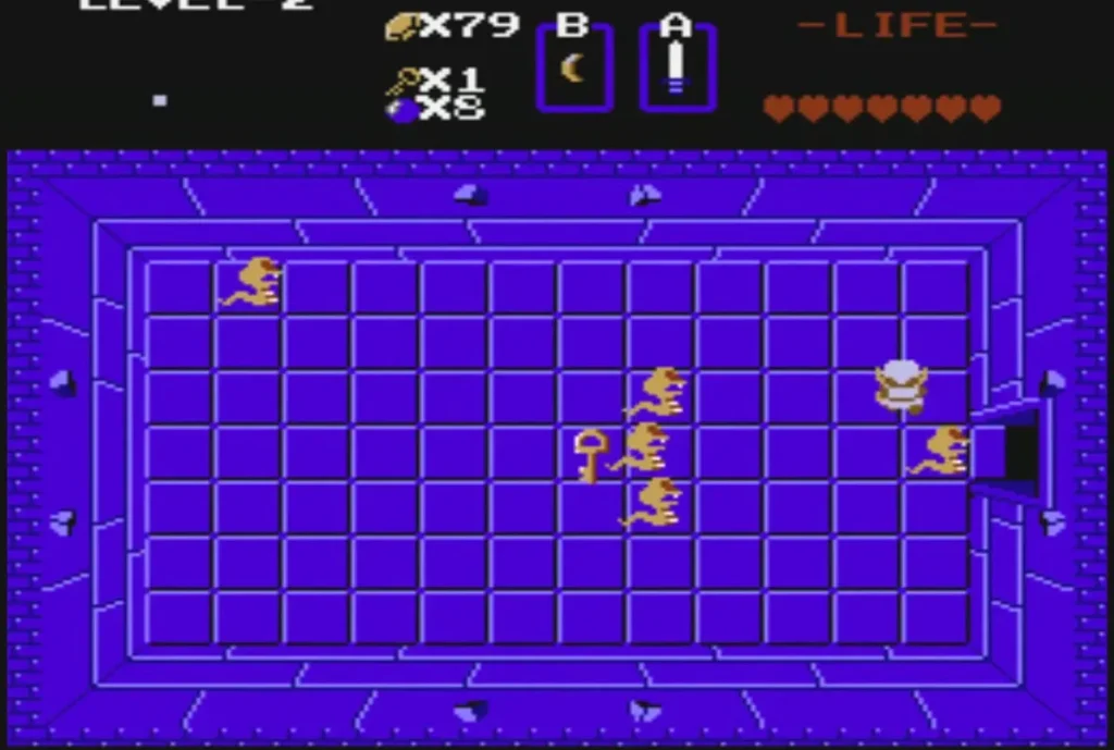 Orange Goriya enemies roaming a purple Level 2 room