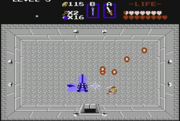 A purple flying eye boss with a ring of orange eyes circling it