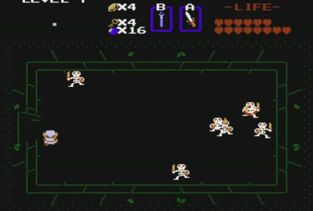 White Stalfos skeletons with swords in a dark Level 7 room
