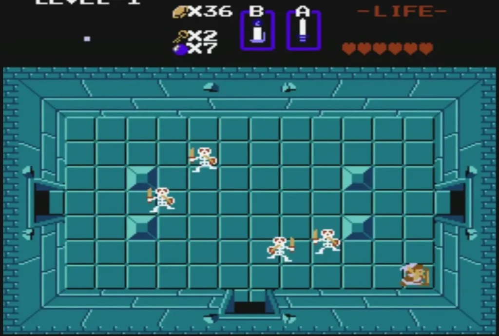 White Stalfos skeletons with swords in a teal dungeon room