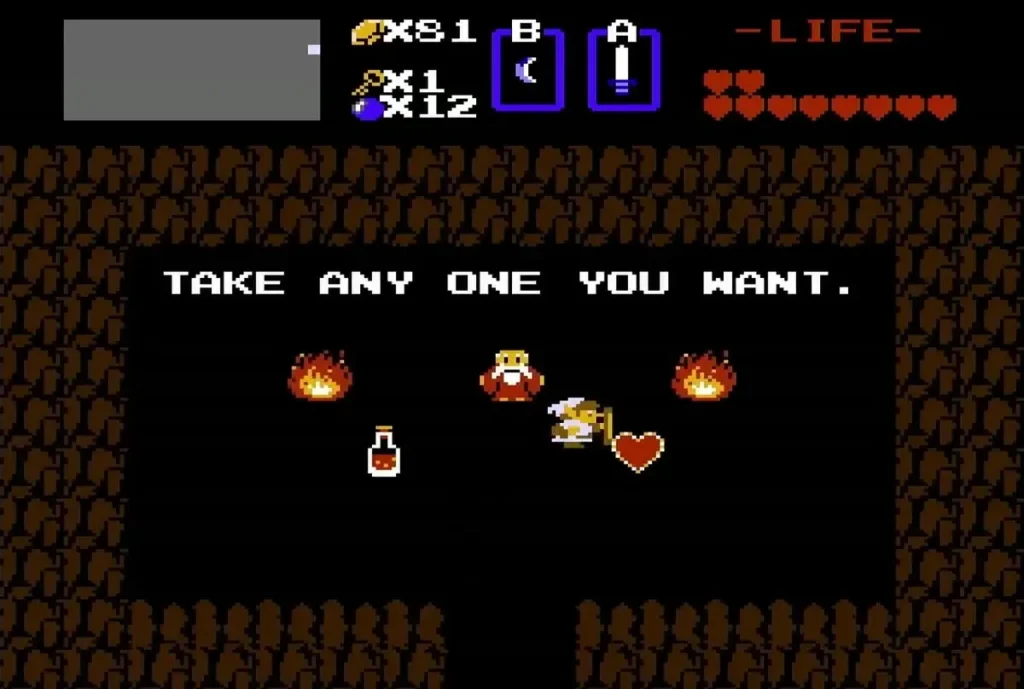 Gift cave with a heart container and a red potion to choose from Gift cave with a heart container and a red potion to choose from